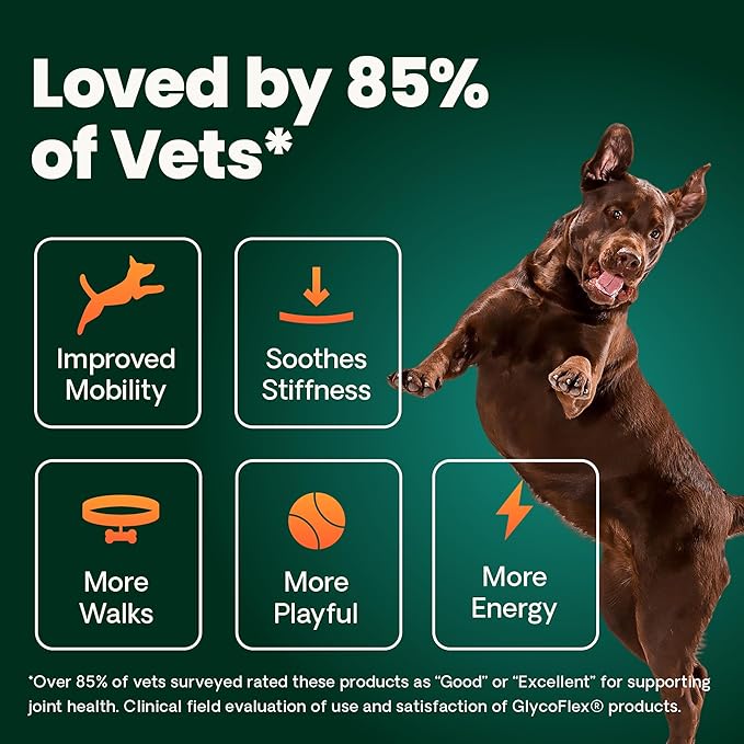 VetriScience Extra Strength Healthy Hip & Joint Chews, GlycoFlex Glucosamine and Green-Lipped Mussel Joint Support Supplement for Dogs, Promote Mobility & Soothe Joint Discomfort, Chicken, 60 Count