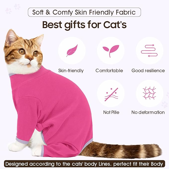DENTRUN Cat Clothes for Hair Control with Hair Sticky Fabric - Soft Recovery Suit & Breathable Lint-Resistant Cat Sweater for Cats Only, Kitten Onesie Pajamas, M, Bright Pink