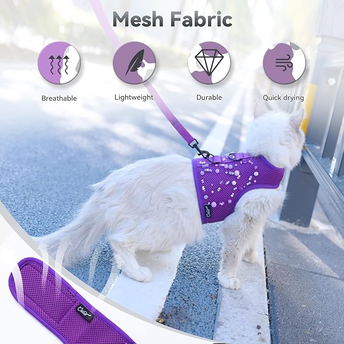 Cat Harness and Leash for Walking Escape Proof Breathable Mesh Fabric, Purple, XX-Large, Adjustable Cat Walking Jackets with DIY Beads, Padded Stylish Cat Vest