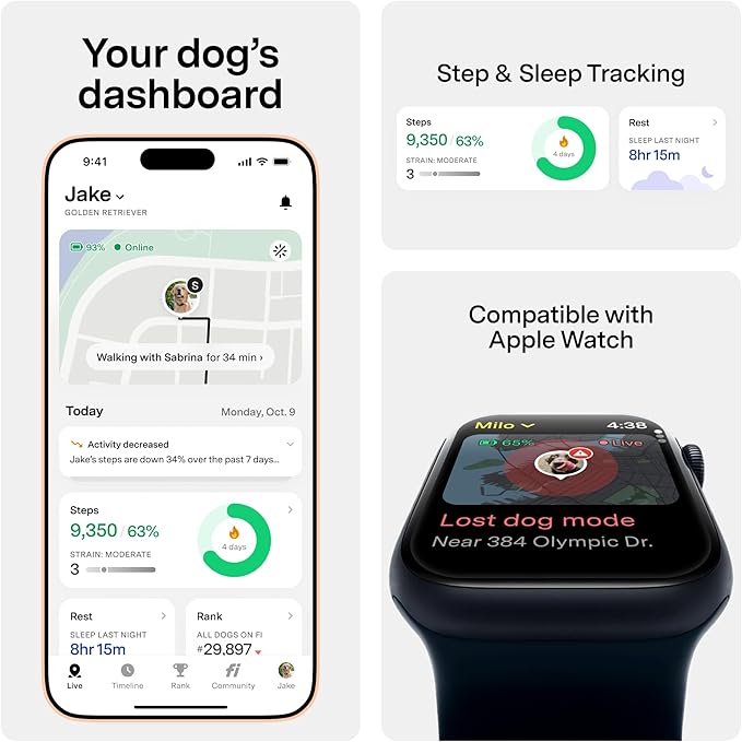 New Fi Series 3+ Smart Dog Tracker Collar [6 Month Membership Included] GPS Tracker for Dogs with Health & Behavior Monitoring, Escape Alerts, Waterproof, LED, Apple Watch Compatible (Yellow, Medium)