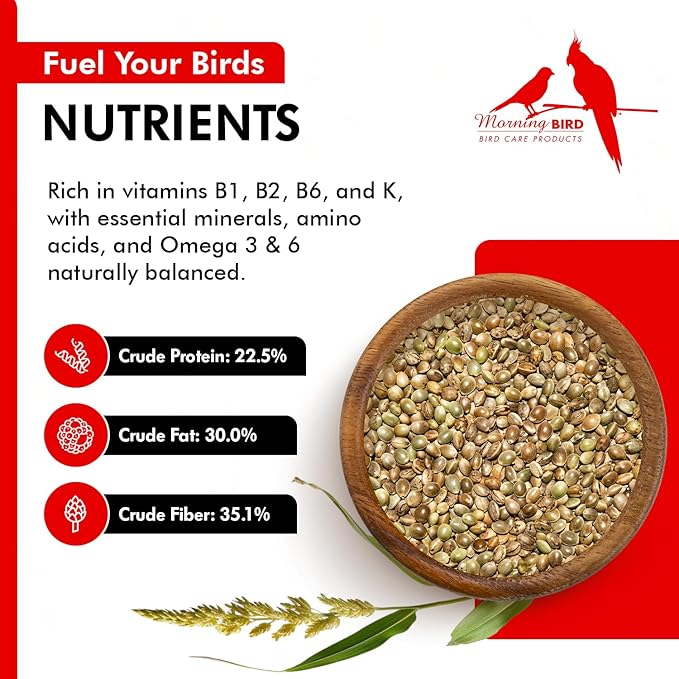 Morning Bird Hemp Seeds 18 lbs (2-Pack, 9 lbs Each) – High in Natural Protein, Healthy Fats, Omega 3 and 6 Fatty Acids, Delicious Natural Flavor, Supports Feather Growth & Overall Health