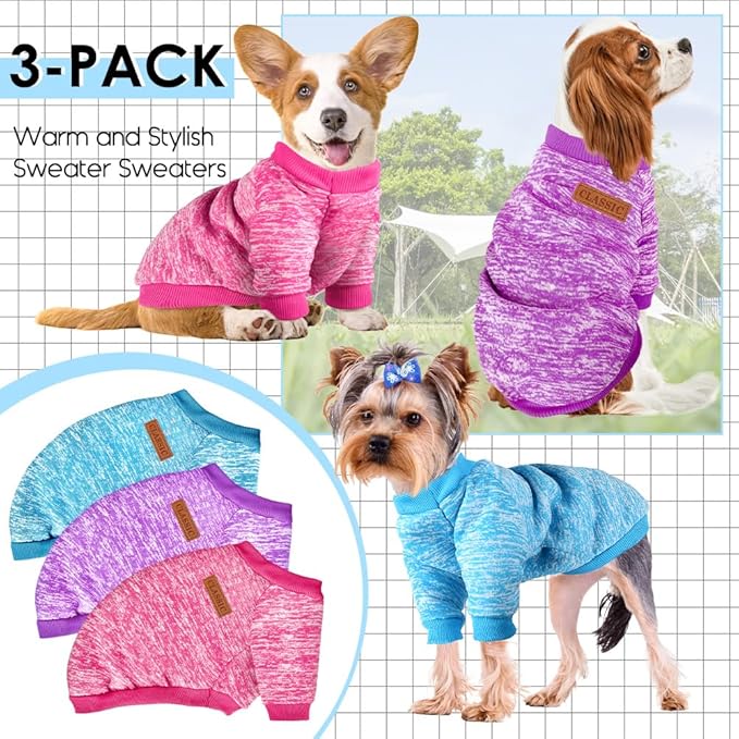 3 Pack Dog Sweaters for Small Dogs Girl Boy Winter Fleece Clothes Warm Soft Dog Sweatshirt Outfit for Dogs Cats Pet Apparel (Rose+Light Blue+Purple, Large)