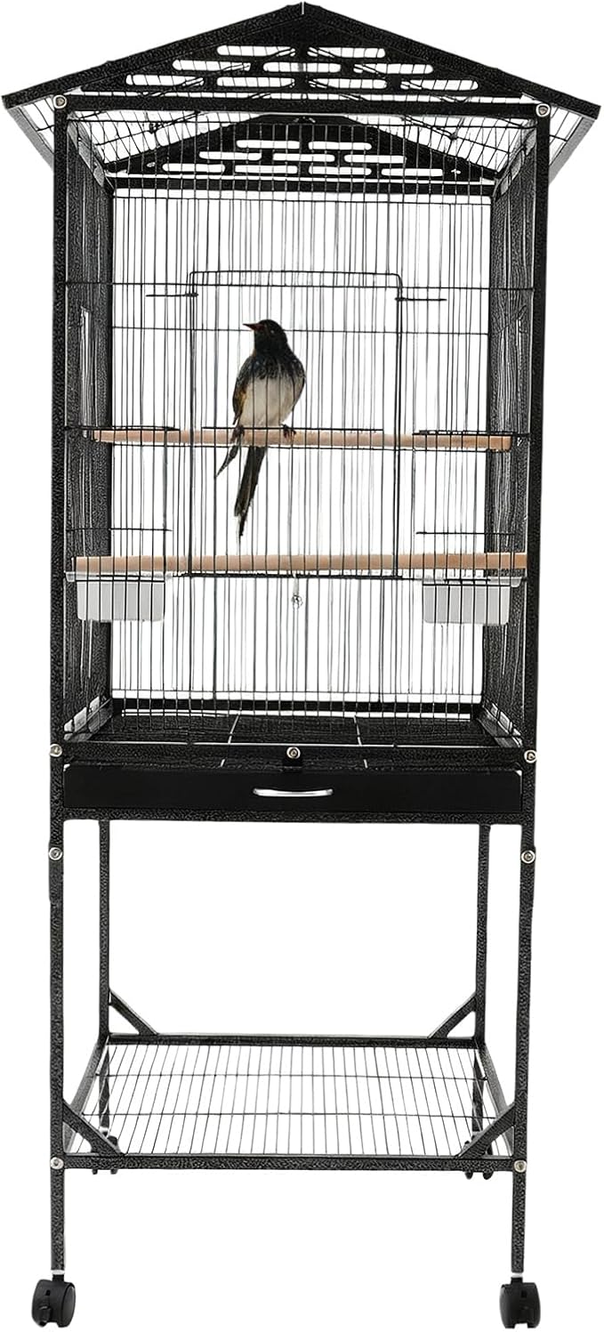 18x18x49 in Iron Flight Bird Cage, Freestanding Parakeet Bird Cage, Pigeons Parrot Birdcage, Large Parakeets Cage with 4 Universal Wheels, 3 Wooden Stands, 2* Feeding Cups and Slide-Out Tray (Black)