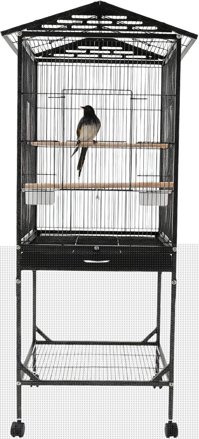 54 Inch Metal Bird Cage, Interactive Double-Door Open Top Bird Cage with 4 Feeding Windows Tray, Lockable Wheels Mobile Pet Birdcage for Parrots, Budgerigars, Parakeets, Lovebirds(Black)