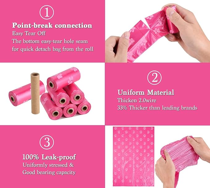 Biodegradable Dog Poo Bags with Holder-240 Large Poop Bags, Corn Starch Blended Compostable Bag, Extra Thick Strong Leak Proof Waste Bag for Dogs (Pink)