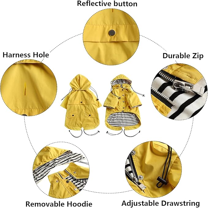Morezi Dog Zip Up Raincoat with Reflective Buttons, Rain/Water Resistant, Adjustable Drawstring, Removable Hood, Raincoats with Legs 8lbs to 80lbs Available - Yellow - XL