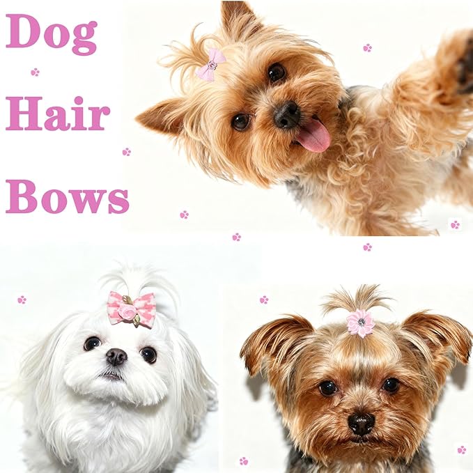 Pink Dog Hair Bows with Rhinestones and Pearls, 16 Pieces, Decorative Pet Accessories