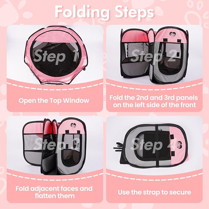 Dog Cat Playpen，Pet Cage - Indoor Outdoor, Portable Foldable Pop Up, Removable Zipper Top，Fits Dogs, Cats, Rabbits (Pink,M)