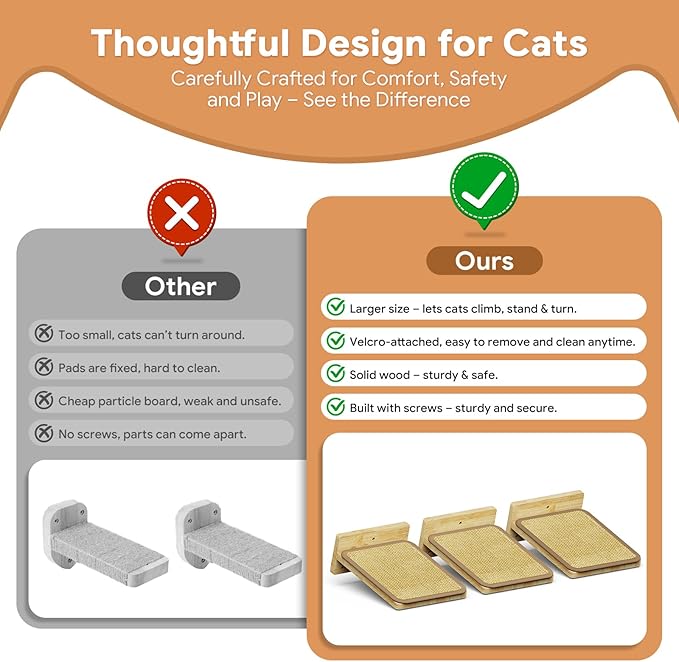 3Pcs 8"×7" Cat Wall Steps - Cat Stairs for Wall, Ladder Natural Wood with Fixtures,Turn Around or Climbing or Playing for Kittens and Adult Cats