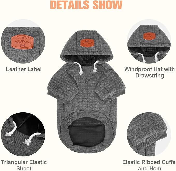 BEAUTYZOO Dog Hoodie with Leash Hole and Pocket,Dog Sweaters for Small Medium Large Dogs Boys Girls,Waffle-Like Laminated Cotton Warm Outfits for French Bulldogs, Pitbull, Winter Puppy Clothes Jacket