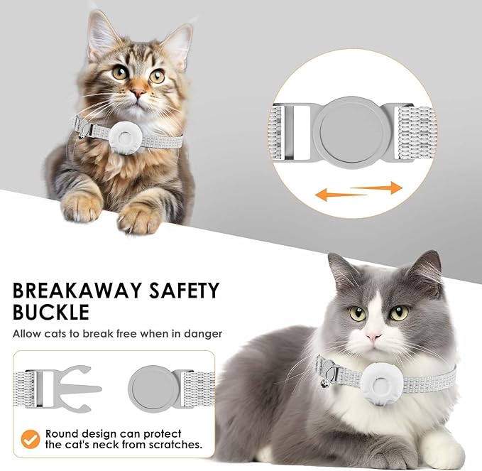 Cat GPS Tracker, Cat Tracker Compatible with Apple Find My App (Only iOS), No Monthly Fee, Waterproof, Breakaway Collar Included, Up to 1 Year Battery (White Tracker, White Cat Collar)