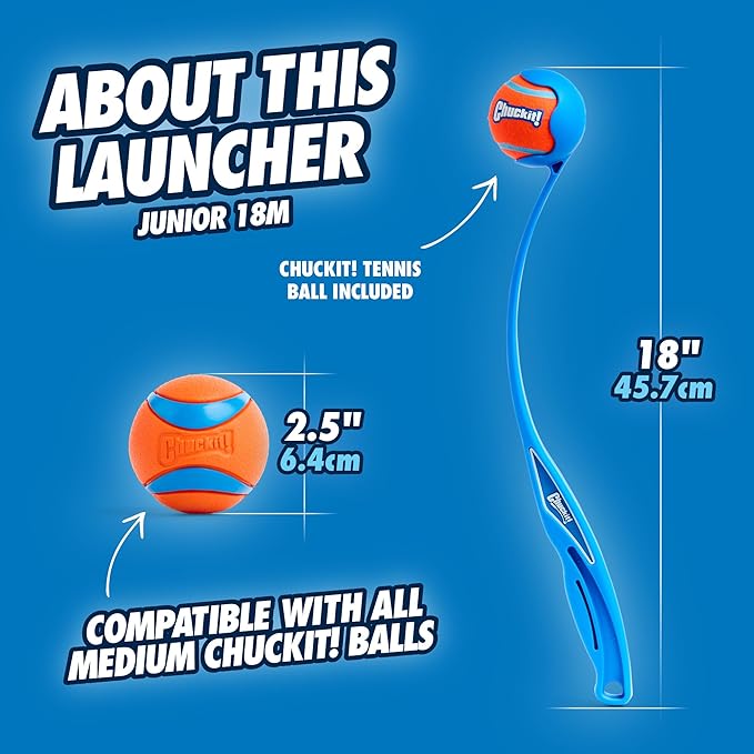 Chuckit! Dog Ball Launcher - Junior 18" with Medium (2.5"), Dog Fetch Ball Thrower, For Dogs 20-60 Pounds, Made in USA
