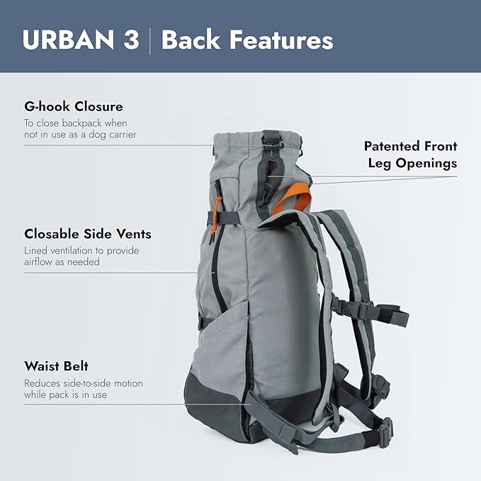 K9 Sport Sack Urban 3 - Medium, Concrete - Ideal for Dogs with 17-19” Back Length - Dual-Use, Backpack-Style Carrier + Everyday Pack