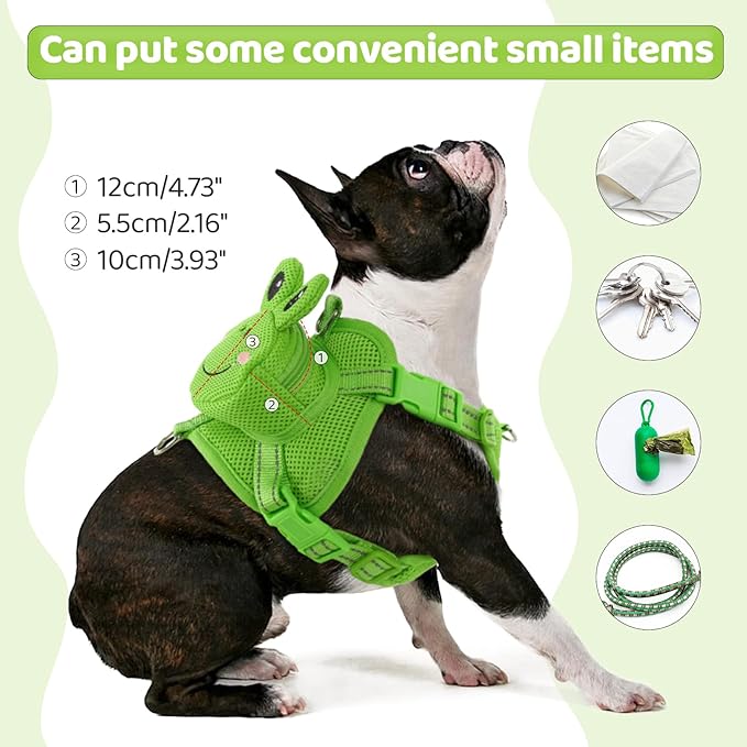 Dog Harness with Backpack, Adjustable Dog Backpack Harness for Small Medium Dogs, No-Pull Breathable Backpacks for Dogs to Wear, for Traveling, Hiking, Camping, Training, Green Frog L