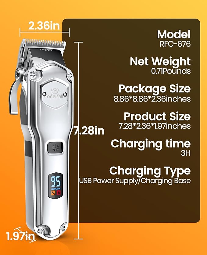 oneisall Professional Dog Grooming Clippers: Cordless Rechargeable Thick Hair Clipper with Detachable Metal Combs, Low Noise Heavy-Duty Pet Clippers for Curly/Fine/Wavy Hair, 676pro (Silver)