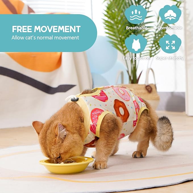 Avont Cat Recovery Suit - Kitten Onesie for Cats After Surgery, Cone of Shame Alternative Surgical Spay Suit for Female Cat, Post-Surgery or Skin Diseases Protection -Donut(M)