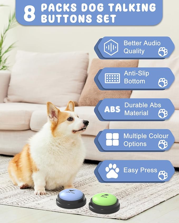 Dog Buttons for Communication, 8 Dog Talking Button Set, 30s Recordable Voice Pet Buzzer Training Buttons, Speaking Button for Dogs with Anti-Slip Dog Buttons Talk Mat and 24 Scene Stickers