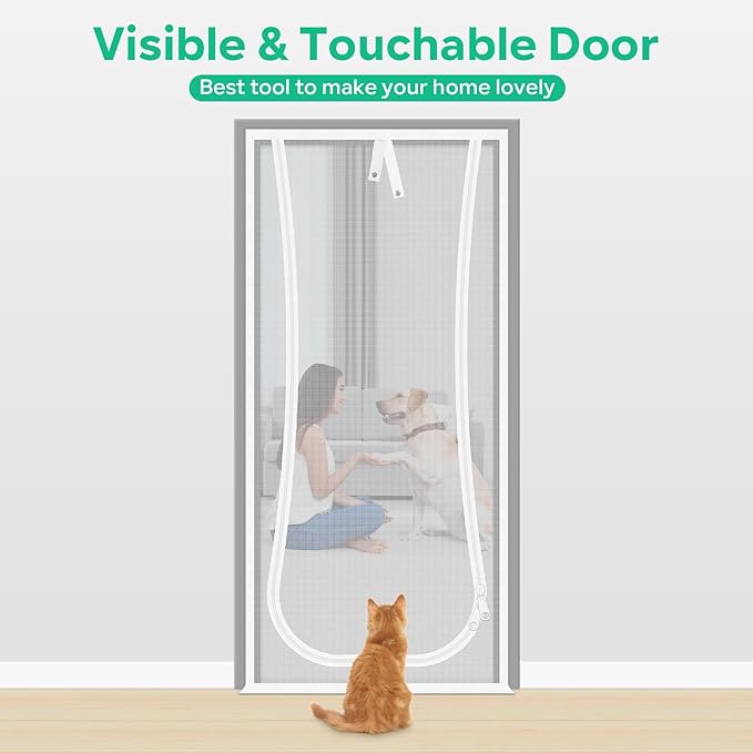 New Reinforced Cat Screen Door, Fits Door Size 30''x 80'' Heavy Duty Pets Proof Screen Door with Bilateral Zipper, Prevent Dogs Cats Running Out from Home, Bedroom,Living Room, Kitchen Patio Door