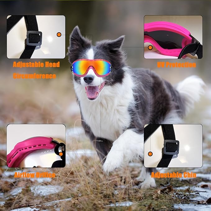 Dog Sunglasses Pet Goggles for Medium Large UV Protection Wind Protection Dust Protection Adjustable Strap Dog Glasses Suitable for Snow Beach Motorcycle (Pink Frame Transparent)