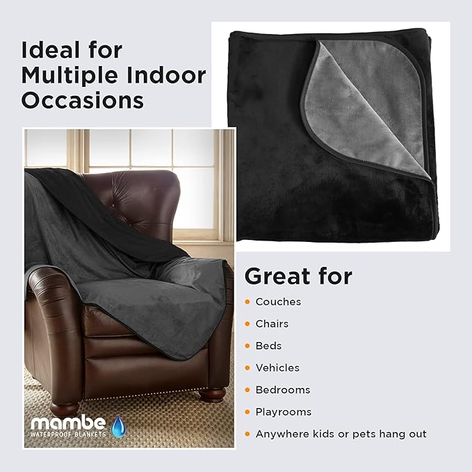 Mambe Silky Waterproof Throw for Protecting Furniture Bed Couch from Stains Caused by Dogs, Cats, Incontinence. Soft, Washable, Reversible. (Size Large 70x90 inches, Color Black/Charcoal)