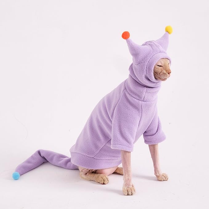 Sphynx Cat Clothes, Warm Cat Jumpsuit with Hat and Tail Cover, Full Set for Hairless Cats, Cornish Rex and Devon Rex (Purple, S(2-3.5lbs))