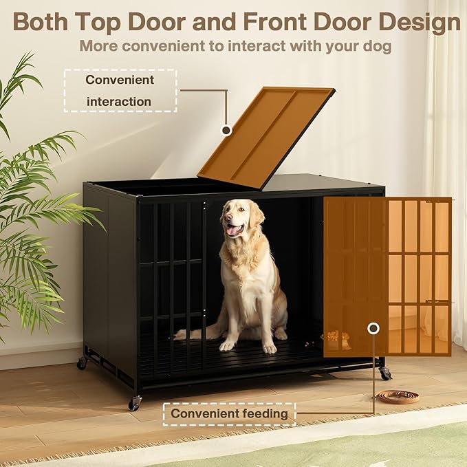 LEMBERI 48/42 inch Heavy Duty Indestructible Dog Crate, High Anxiety Extra Large Dog Cage for Large Dogs, XL Steel Escape Proof Dog Kennel with Wheels and Removable Tray (Black, 47.2*30.7*34.6 inch)