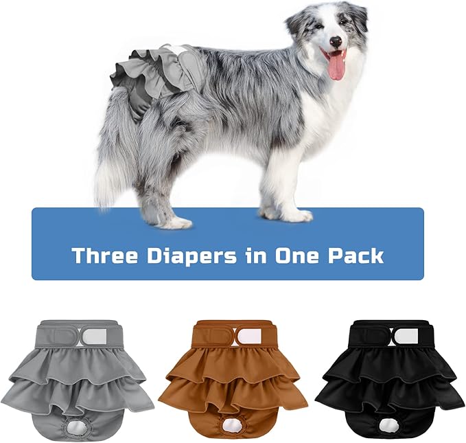 Reusable Dog Diapers Female 3 Pack Washable Highly Absorbent, Flexible, Leak-Proof for Dog Period, Heat Incontinence, Potty Training