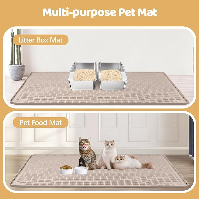 Cat Litter Mat, XL Extra Large 40" x 40" Silicone Mat Litter Trapping Mat for Scatter Control, Soft on Kitty Paws, Easy to Clean (Khaki)