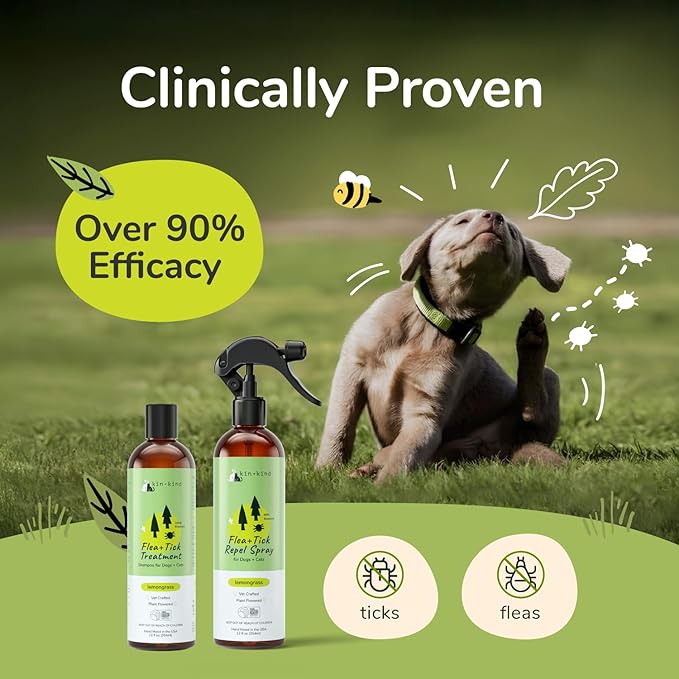 kin+kind Plant Based Flea and Tick Spray for Dogs and Cats – Essential Oil Formula with Lemongrass – Flea and Tick Prevention for Cats, Kittens, Puppies & Dogs - Pet Supplies - Family Safe – 32 fl oz