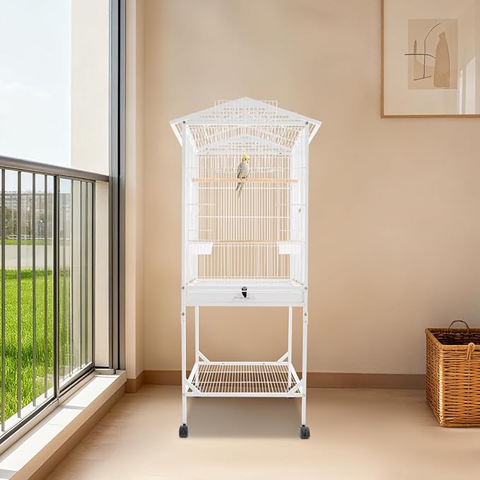 Bird Cage with Wheels, Breeding Cage Wrought Iron Flight Cage with Wooden Stand, Removable Tray & Feeding Bowls for Parrots, Canaries, Lovebirds Finches, 18" L x 18" W x 54" H