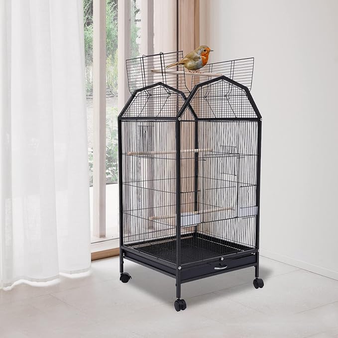 40 Inch Play Open Top Big Bird Cage with Food & Water Bowls Parakeet Bird Cage with Stand, Wheels Metal Birdcage Parrot Cage for Parakeet, Lovebirds, Ringneck, Cockatiels (Black, Open Top)
