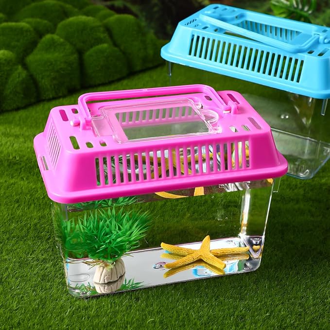 POPETPOP Portable Fish Tank Handheld Aquarium 5.90X4.33X3.74 Inch Transparent Turtle Box with Handle Small Plastic Fish Carrier for Travel and Pet Breeding