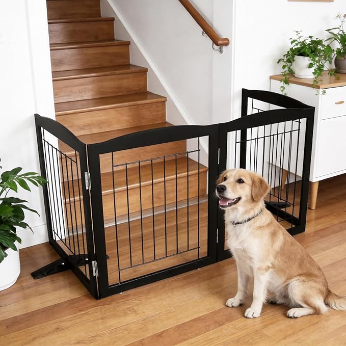 ZJSF Freestanding Dog Fence Indoor, Foldable Dog Gate for Doorways, Stairs or Hallways, Sturdy Wood Extra Wide Pet Gate with Support Feet for The House, Black, 32 "Height-3 Panels