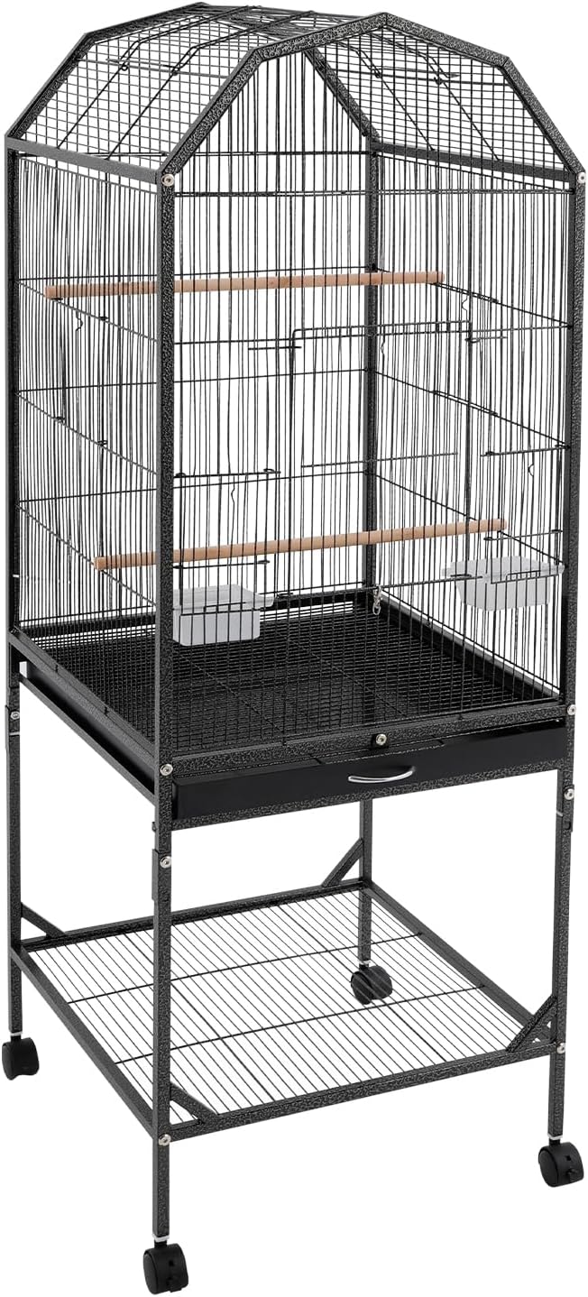 Large 46" Rolling Bird Cage for Mid-Sized Parrots with Detachable Stand, 4 Universal Wheels & Removable Tray, Iron Birdcage for Cockatiels, Parakeets, Finches (Black)