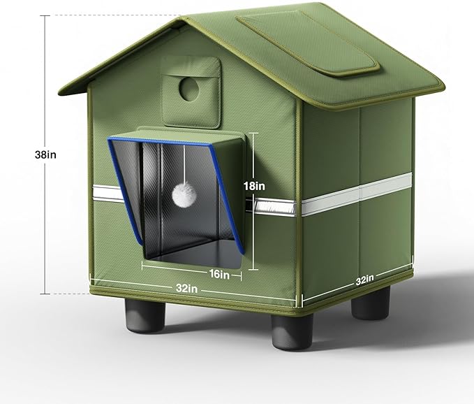 Outdoor Cat House for Outside with Elevated Base Cat-Attracting Eave Design and Cat Toys Feral Stray Shelter Weatherproof in Garage Yard Porch (Dual Camera Ports)