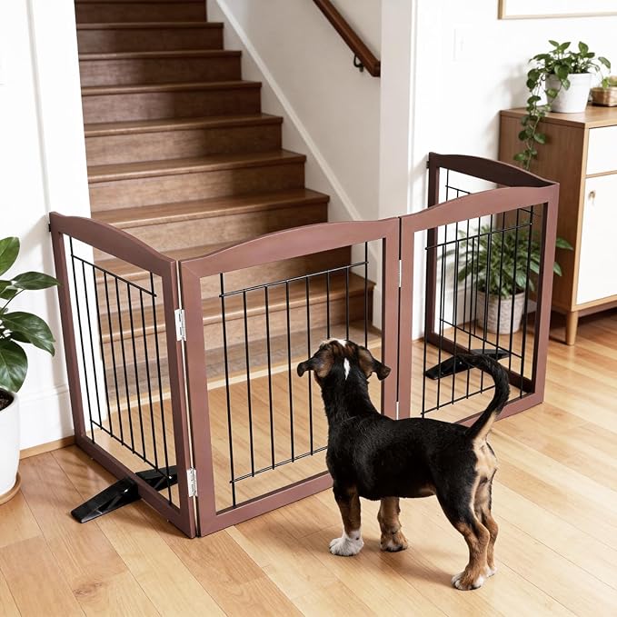 ZJSF Freestanding Dog Fence Indoor, Foldable Dog Gate for Doorways, Stairs or Hallways, Sturdy Wood Extra Wide Pet Gate with Support Feet for The House, Brown, 32 "Height-4 Panels