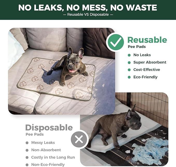 FXW Washable Pee Pads for Dogs, Puppy Pads with Super Absorbent, Specifically Designed for 24inch Cages, 17" x 23" Rectangle, Khaki, 2 Packs