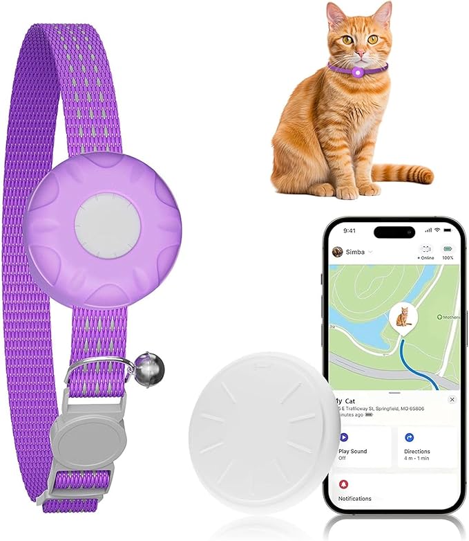 Cat GPS Tracker for Cats, Cat GPS Tracker Collar with Safety Elastic Buckle, Compatible with Apple Find My App (Only iOS), No Monthly Fee, Purple