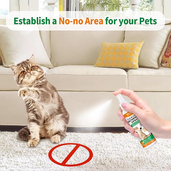 Cat Deterrent Spray for Indoor & Outdoor - Natural Repellent to Prevent Scratching & Urine Marking on Furniture, Sofas, Rugs, Curtains - Safe Cat Behavior Training Aid with Natural Ingredients 4 fl oz