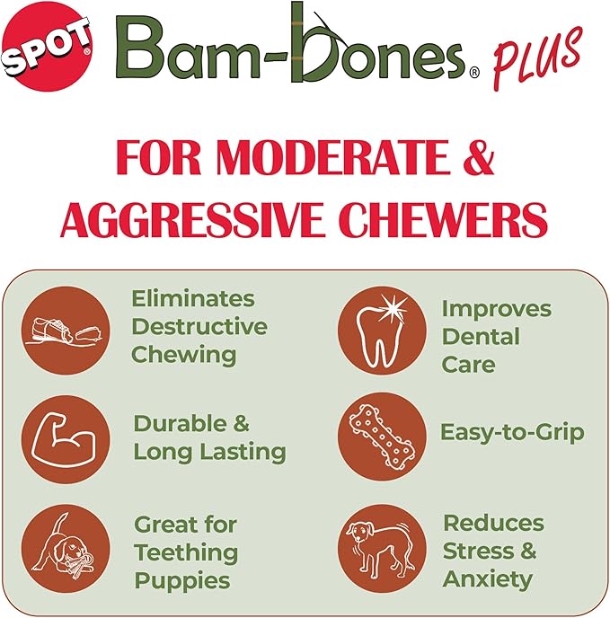 SPOT Bam-Bones Plus T-Bone, Bamboo Fiber & Nylon Dog Chew, Durable for Aggressive Chewers, Non-Splintering, for Adult Dogs & Teething Puppies Under 60lbs, 6in, Chicken Flavor