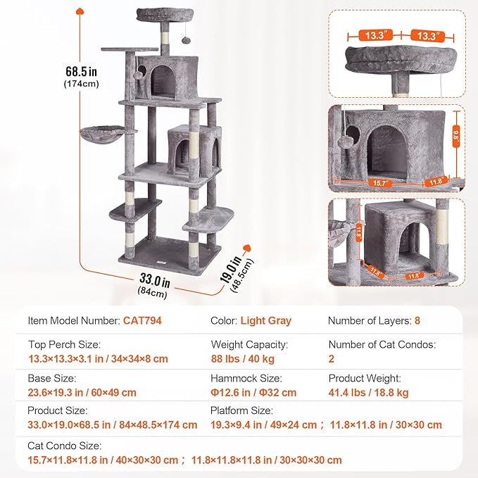 VEVOR Cat Tree for Indoor Cats, 68.5" Cat Tower with 2 Cat Condos, Sisal Scratching Post, Hammock, Top Perch, Jumping Platforms, Large Cat Furniture Activity Center with Hang Ball, Light Grey
