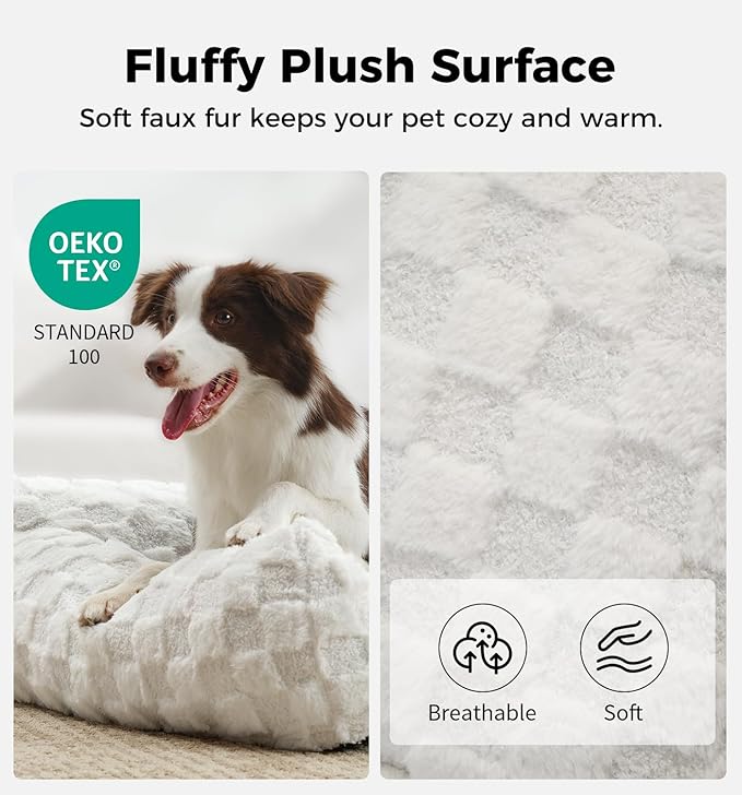 Made4Pets Dog Couch Bed, Soft Faux Fur Checkered Indoor Pet Sofa, Comfortable Fluffy Dog Sofa with Supportive Foam, Removable Washable Cover with Non-Slip Base, White, Large