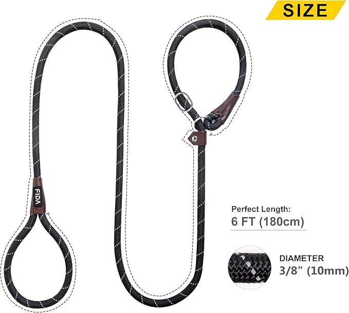 Fida Durable Slip Lead Dog Leash, 6 FT x 3/8" Heavy Duty Comfortable Strong Rope Slip Lead for Small Dogs and Puppies, No Pull Pet Training Lead with Highly Reflective(3/8", Black)