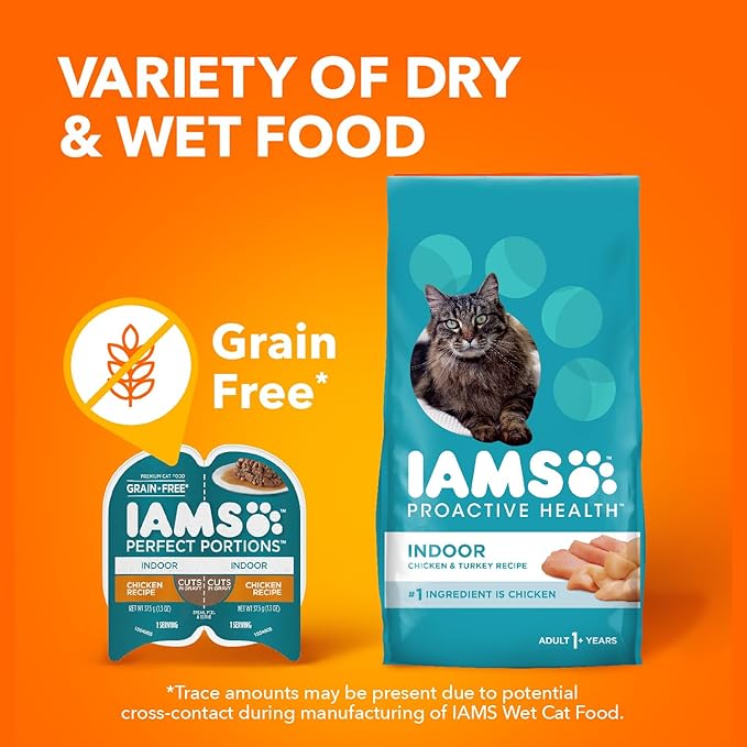 IAMS Perfect Portions Grain Free Wet Cat Food, Indoor Adult Cat Food Wet Cuts in Gravy, Chicken Recipe, (24) 2.6 oz. Twin-Pack Trays