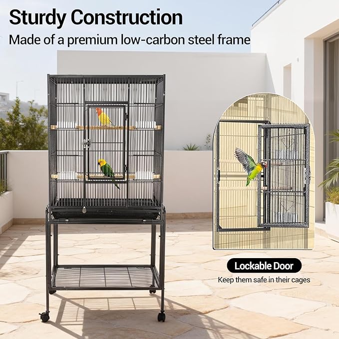 Bird Cage with Wheels, 53 Inch Bird Flight Cage, Wrought Iron Standing Large Parrot Parakeet Flight Birds Cages with Slide Out Tray Parrot Metal Parakeet Cages with Wooden Perches Black