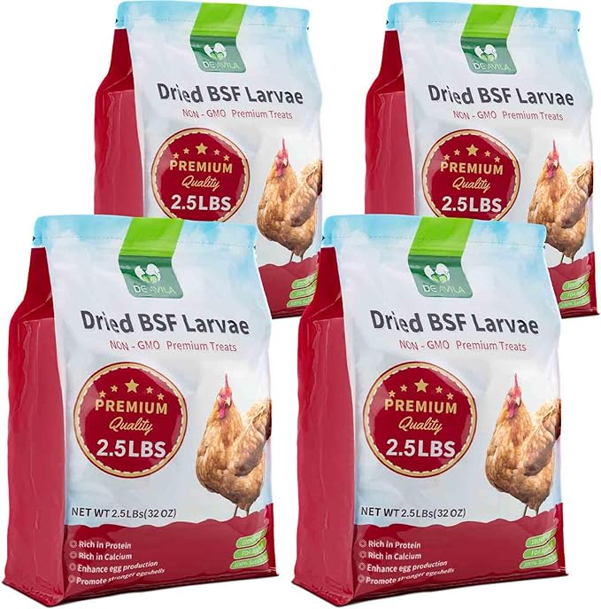 Black Soldier Fly Larvae for Chickens, Non GMO High Calcium BSF Larvae Fly Grubs Than Dried Mealworms for Turkeys, High Protein Chicken Treats for Laying Hens, Natural Wild Bird Food 10LB (2.5LB * 4)