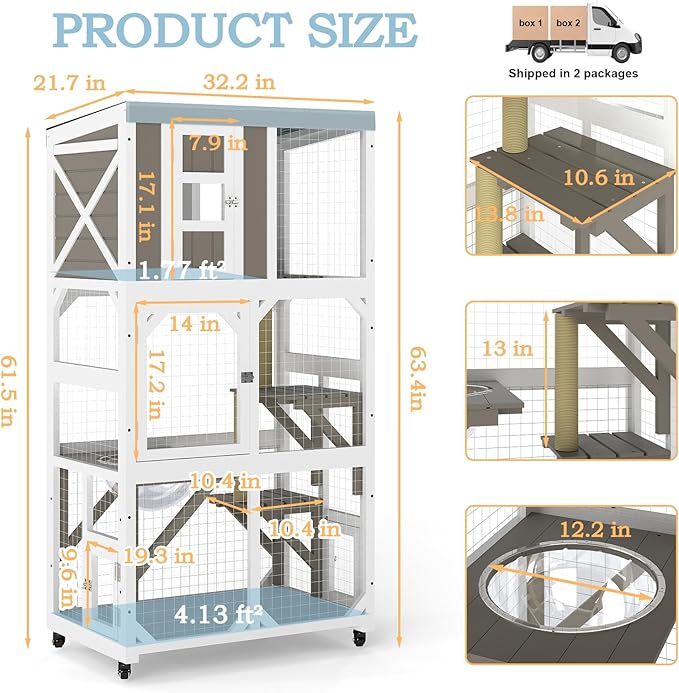 64" Large Wooden Catio Outdoor Cat Enclosure, Window Cat House with Wheels & 3 Platforms, Kitty Cage with Weatherproof Roof for Multiple Cats (Gray)