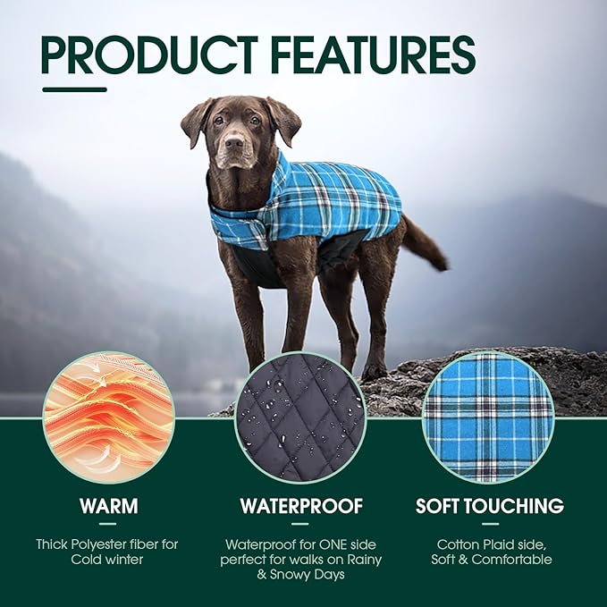 Kuoser Waterproof Dog Coat, Reversible Dog Jacket for Medium Dogs, Adjustable Durable Doggie Winter Coat Warm Puppy Cold Weather Apparel from Small to Large Breed, Blue M