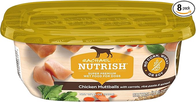 Nutrish Wet Dog Food Chicken Muttballs with Carrots, Rice Pasta & Spinach, No Corn, Wheat or Soy, 8 oz. Tub (Pack of 8) (Rachael Ray)