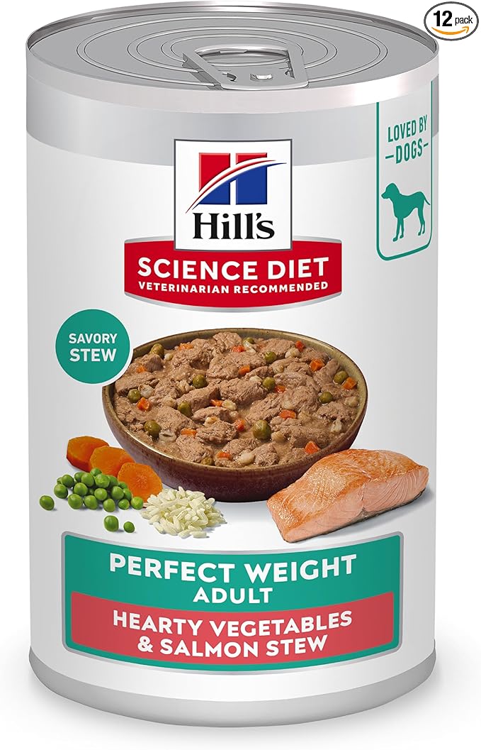 Hill's Science Diet Adult Perfect Weight Wet Dog Food, Hearty Vegetables & Salmon Stew, 12.5 oz. Cans, 12-Pack